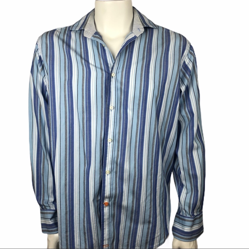 Thomas Dean Men's Blue Striped Button Down Dress Shirt Medium 100% Cotton